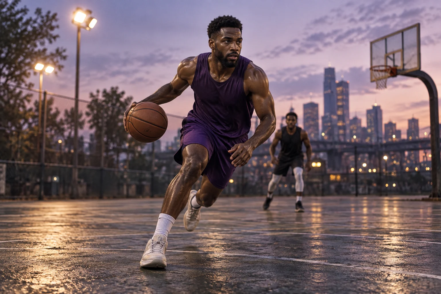 A basketball player dribbling on an outdoor city court at dusk