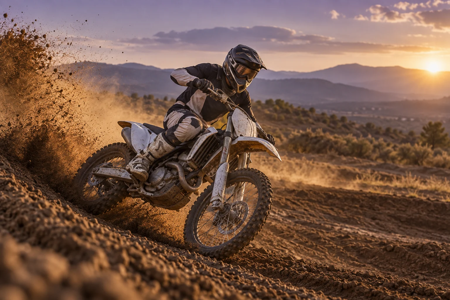 A motocross rider leaning into a dirt turn with dust rising in the afternoon light