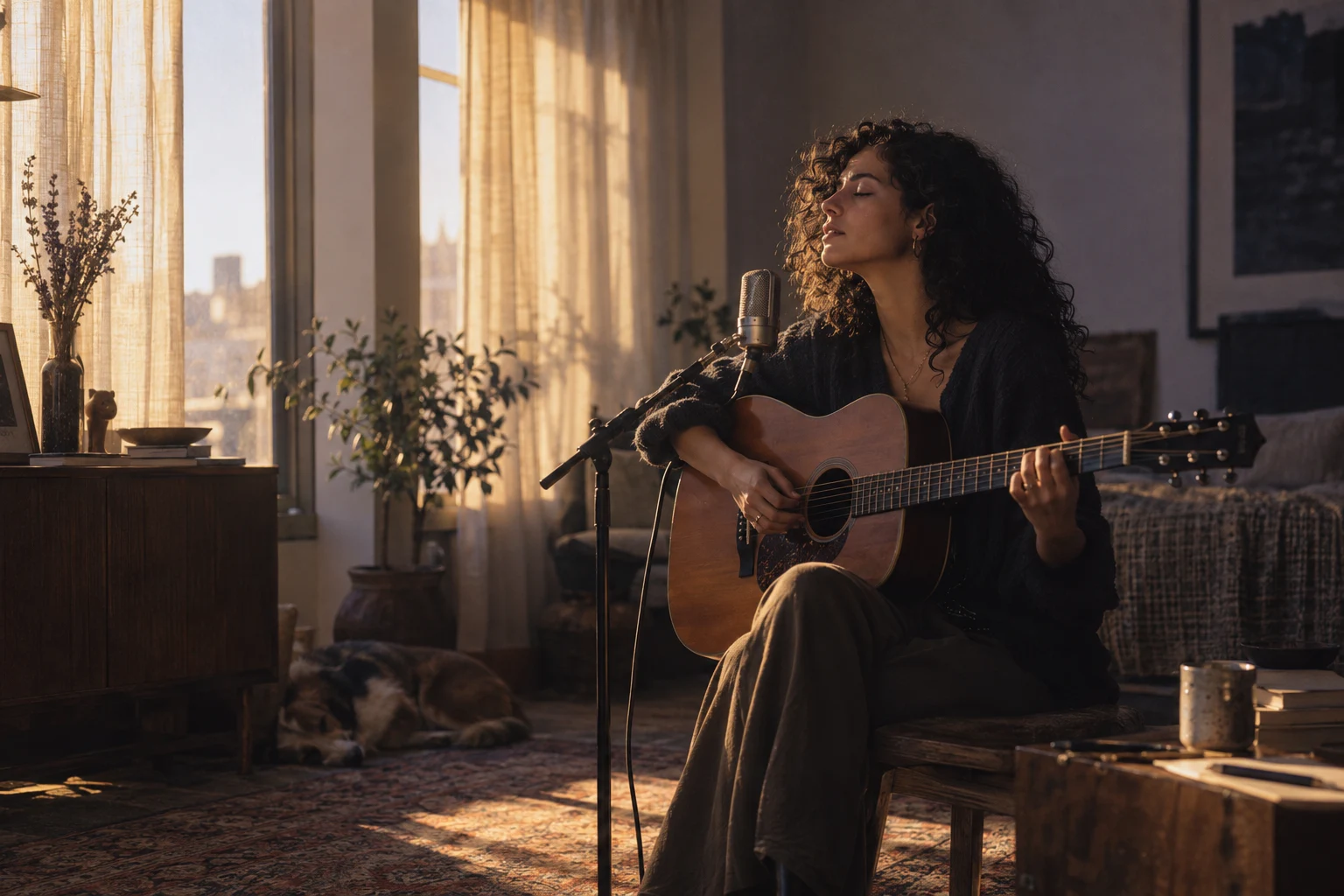 A songwriter recording her voice and acoustic guitar at home